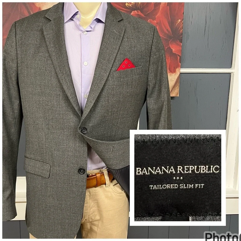 Banana Republic Blazer Jacket Sport Coat‎ Mens 46R Tailored Slim Fit Wool Gray